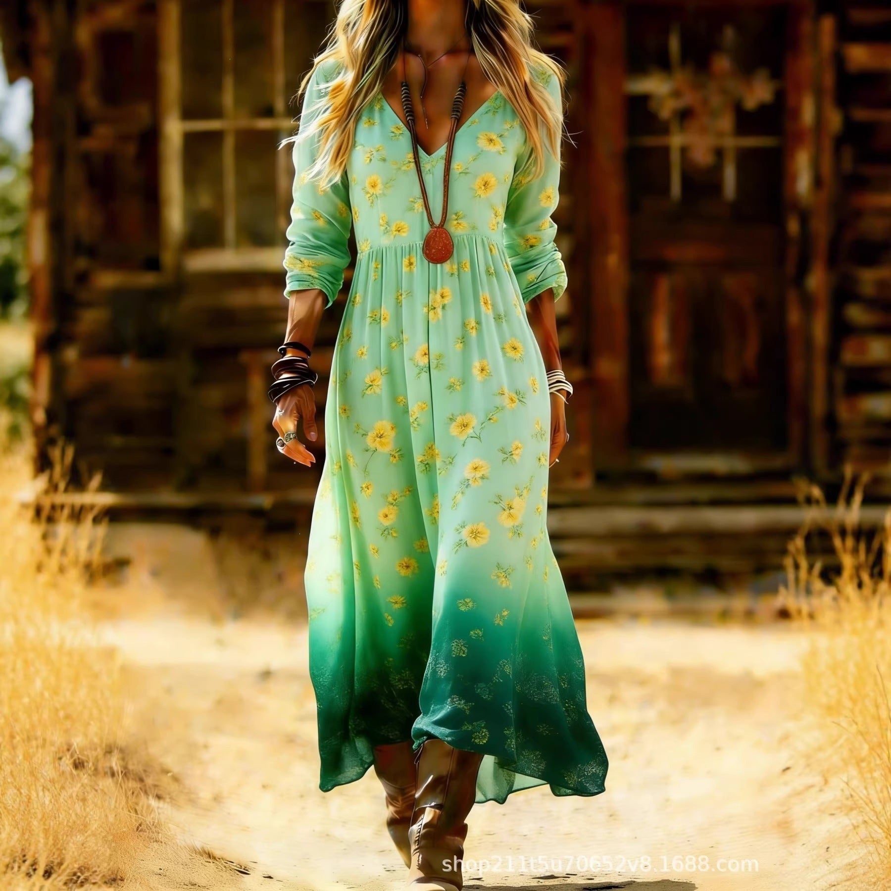 European and American Ethnic Style Long Sleeve New Printed Dress Women's Dress