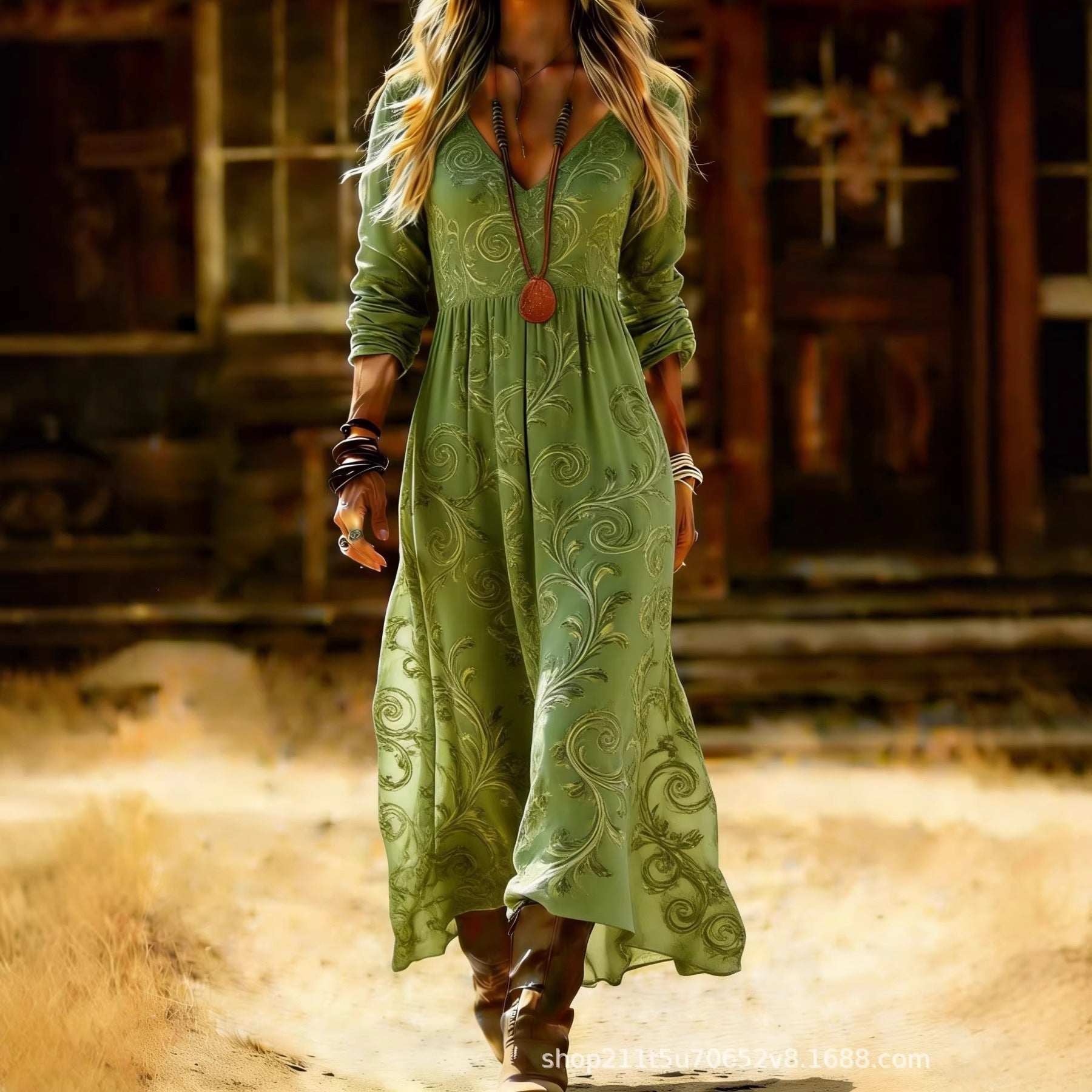 European and American Ethnic Style Long Sleeve New Printed Dress Women's Dress