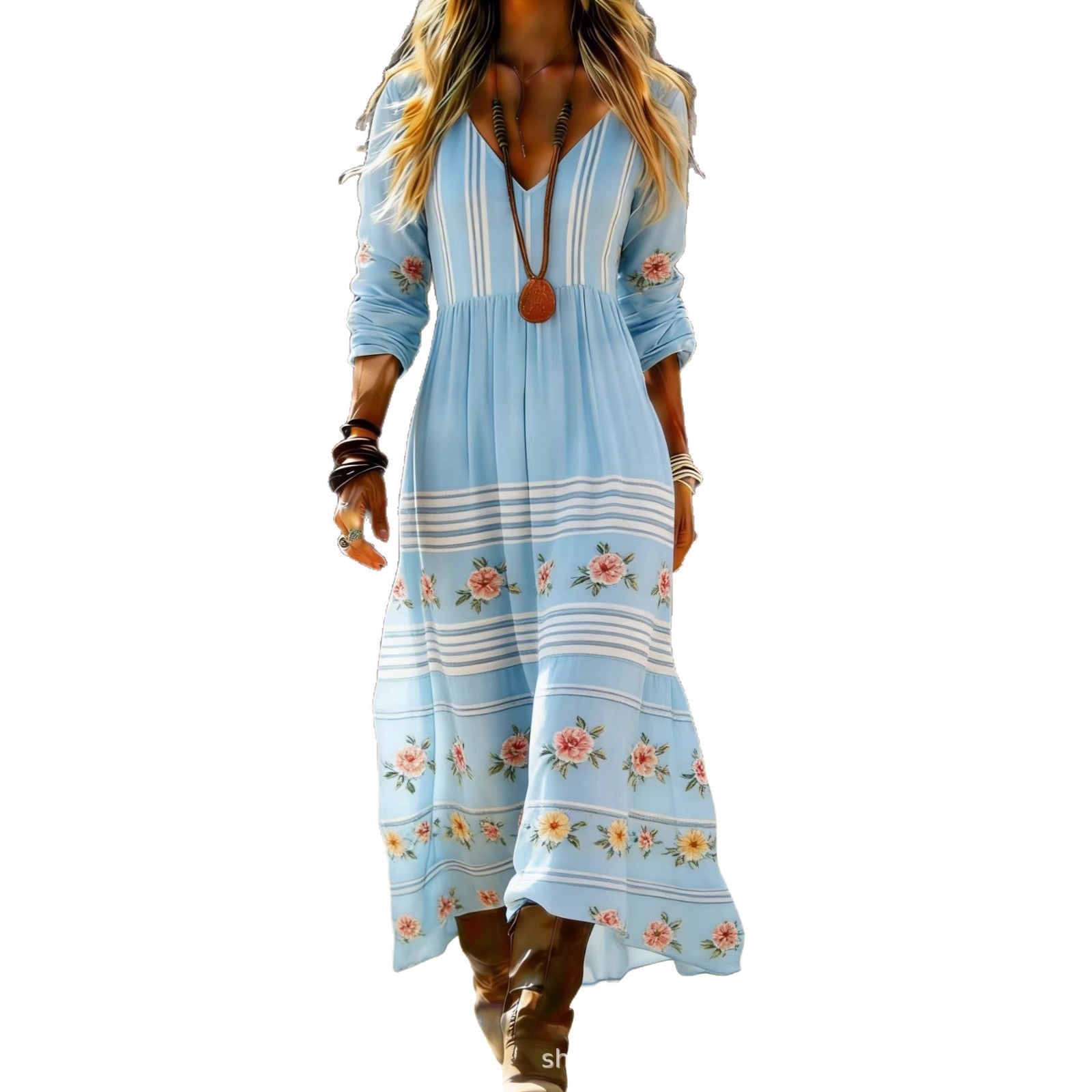 European and American Ethnic Style Long Sleeve New Printed Dress Women's Dress