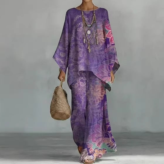 European and American Independent Station 26 New Y2 round Neck Batwing Sleeve Printing Suit Bohemian Style Lazy Casual Two-Piece Suit