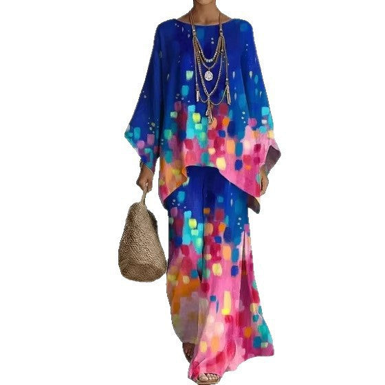 European and American Independent Station 26 New Y2 round Neck Batwing Sleeve Printing Suit Bohemian Style Lazy Casual Two-Piece Suit