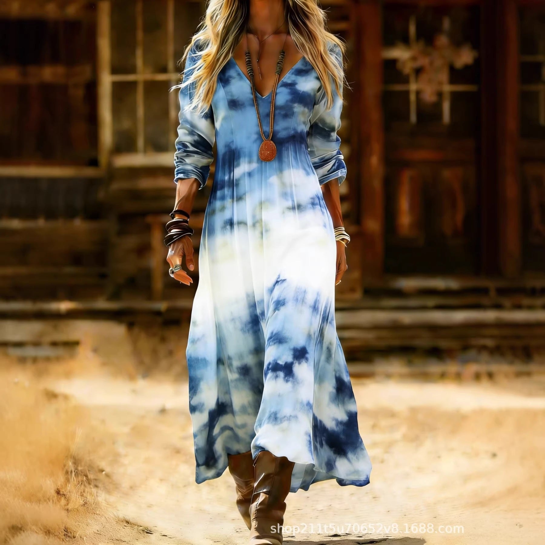 European and American Ethnic Style Long Sleeve Cross-Border Amazon Women's New Printed Dress Dress