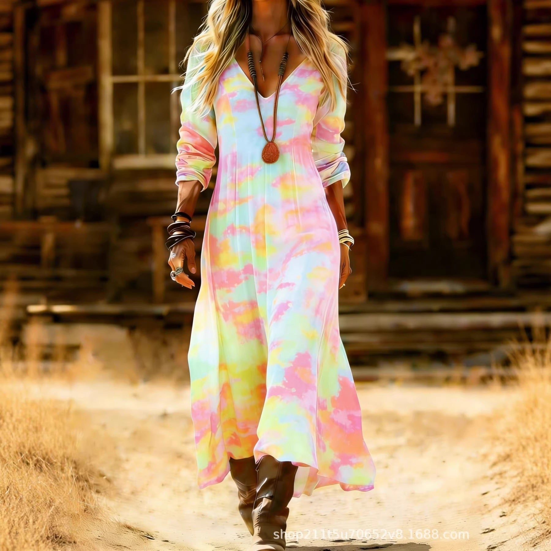 European and American Ethnic Style Long Sleeve Cross-Border Amazon Women's New Printed Dress Dress