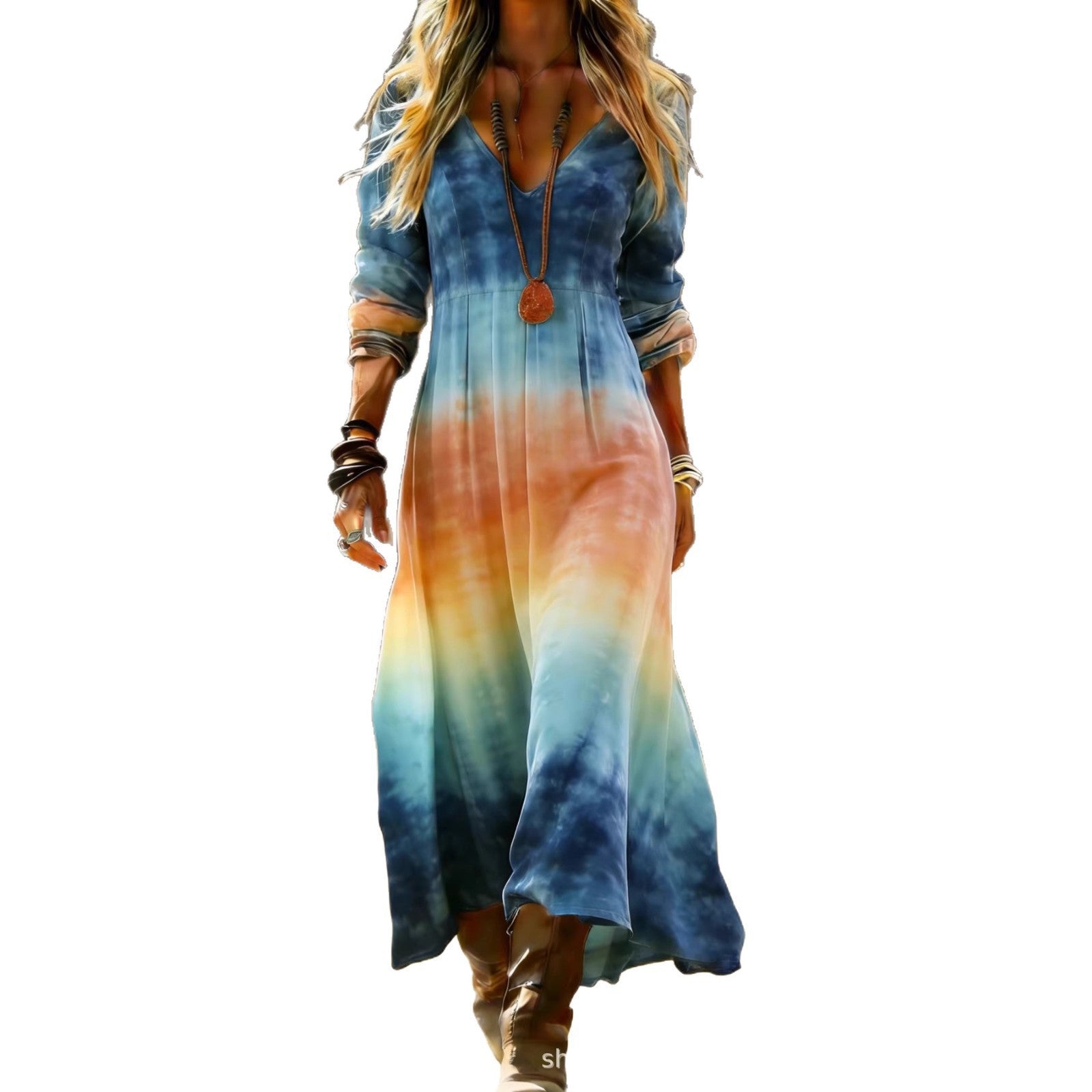 European and American Ethnic Style Long Sleeve Cross-Border Amazon Women's New Printed Dress Dress