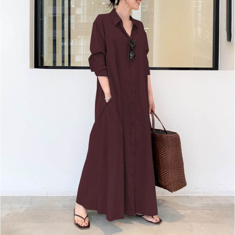 European and American New Casual Loose Women's Solid Color Lapel Long-Sleeved Pocket Simple Long Dress