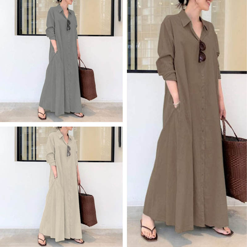 European and American New Casual Loose Women's Solid Color Lapel Long-Sleeved Pocket Simple Long Dress