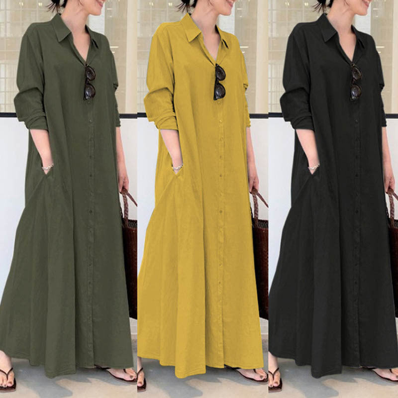 European and American New Casual Loose Women's Solid Color Lapel Long-Sleeved Pocket Simple Long Dress