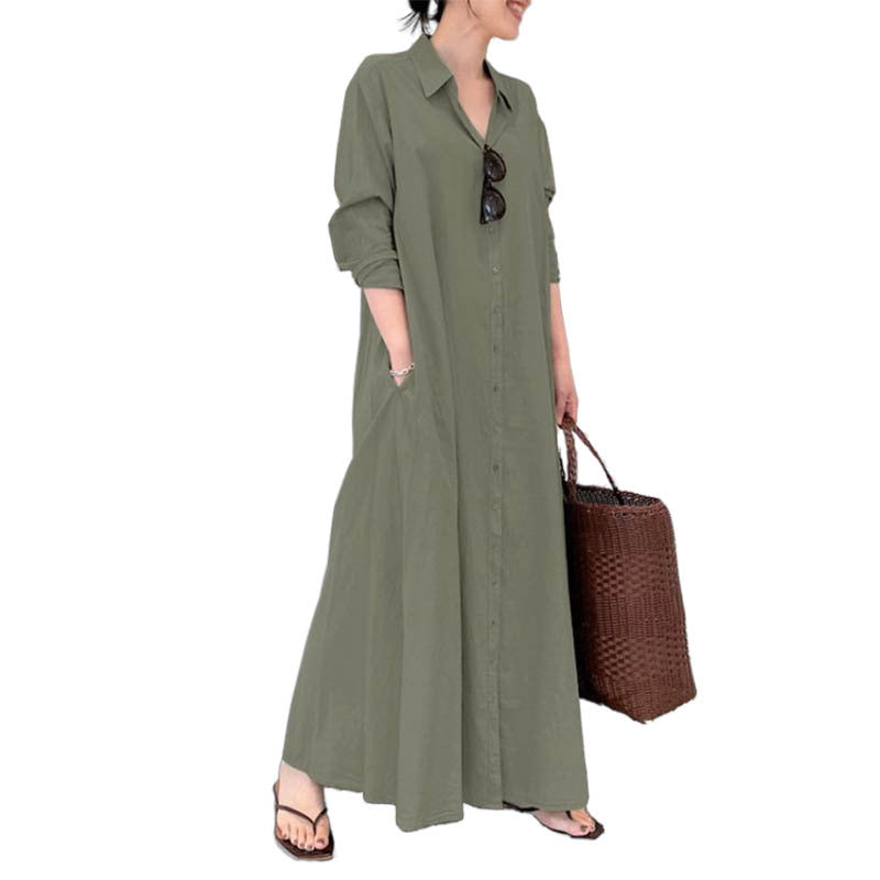 European and American New Casual Loose Women's Solid Color Lapel Long-Sleeved Pocket Simple Long Dress