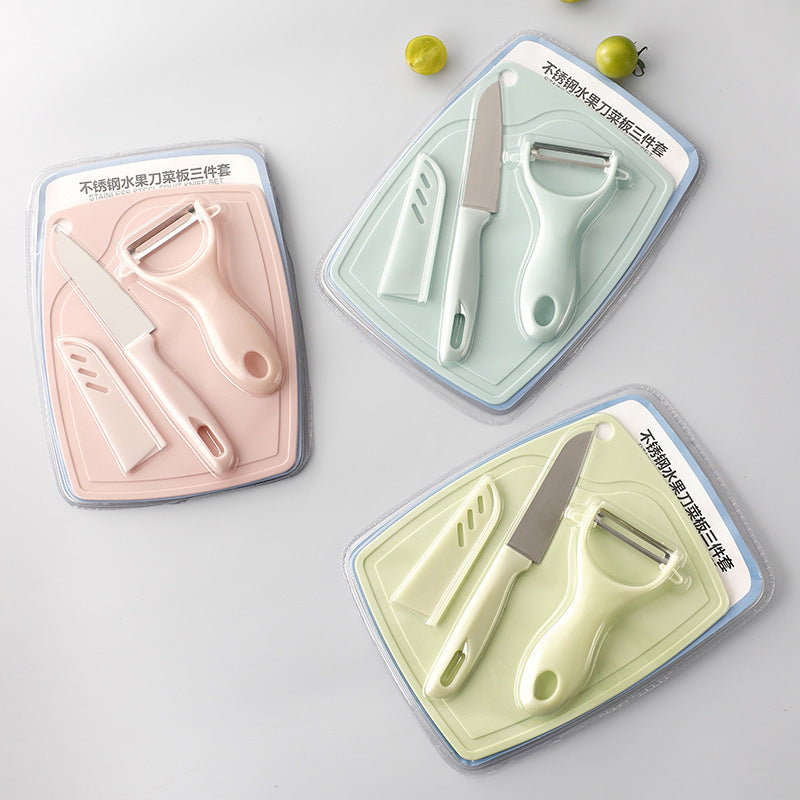 Household Three-Piece Set of Cutting Board, Fruit Knife, and Baby Food Knife Set, Stainless Steel Kitchen Tool for Dormitory Use