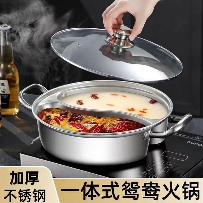 Thickened Stainless Steel One-Piece Dual-Handle Hot Pot with Compartments for Commercial Use, Suitable for Home Use and Induction Cookers