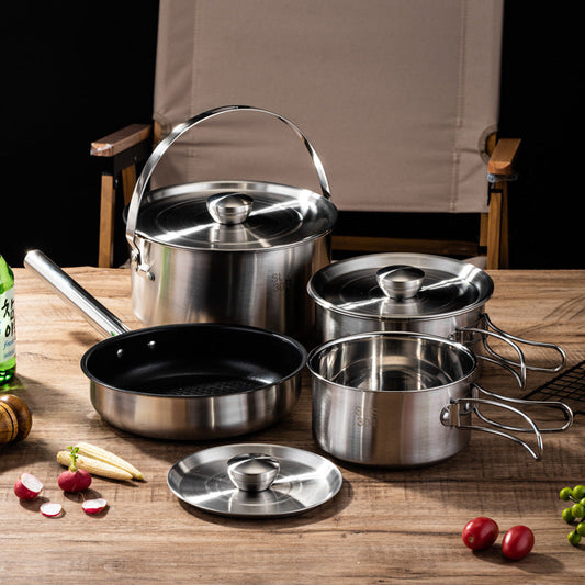 Outdoor 304 Stainless Steel Folding Cookware Set Camping Picnic Frying and Cooking All-In-One Outdoor Pot Portable Hiking Supplies