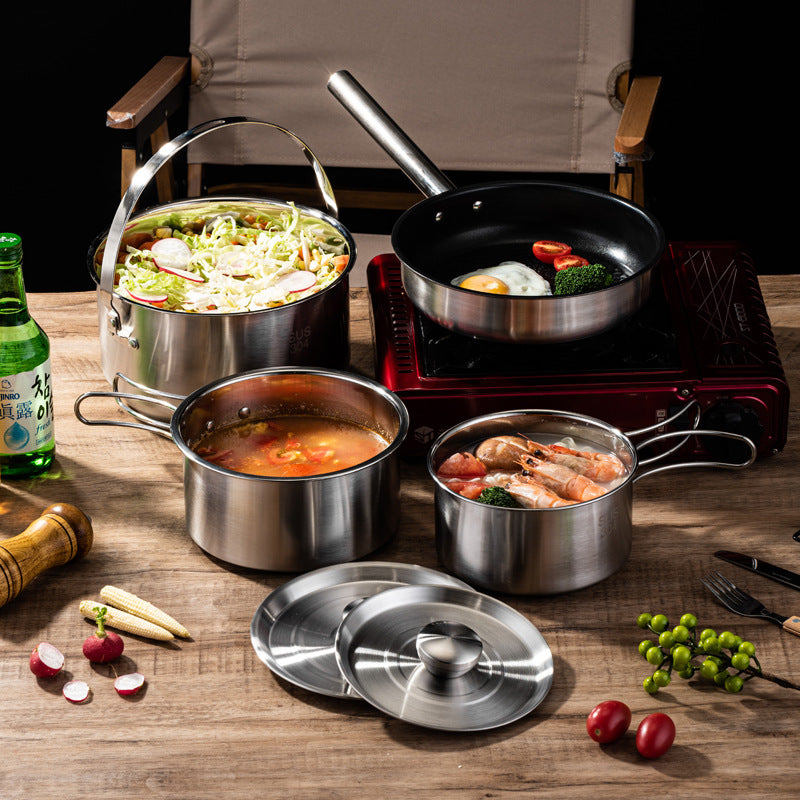 Outdoor 304 Stainless Steel Folding Cookware Set Camping Picnic Frying and Cooking All-In-One Outdoor Pot Portable Hiking Supplies