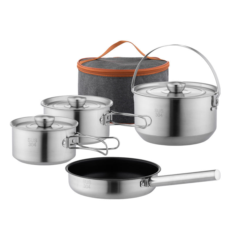 Outdoor 304 Stainless Steel Folding Cookware Set Camping Picnic Frying and Cooking All-In-One Outdoor Pot Portable Hiking Supplies