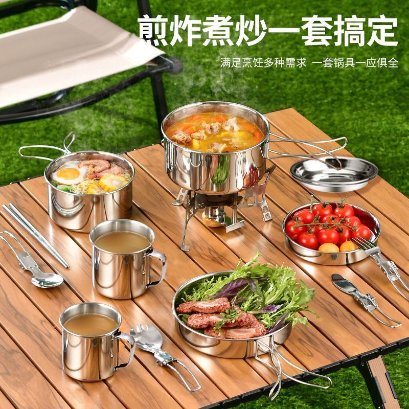 Stainless Steel Camping Picnic Outdoor Cookware Set Pot Portable Mountaineering Pot Storage Folding Tableware Set Combination