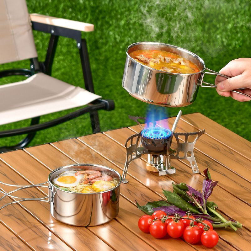 Stainless Steel Camping Picnic Outdoor Cookware Set Pot Portable Mountaineering Pot Storage Folding Tableware Set Combination
