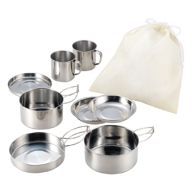 Stainless Steel Camping Picnic Outdoor Cookware Set Pot Portable Mountaineering Pot Storage Folding Tableware Set Combination