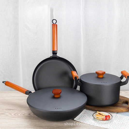 Three-Piece Gift wok flat bottom non-stick old-fashioned iron pot household soup pot steamer multi-functional breakfast frying pan wholesale