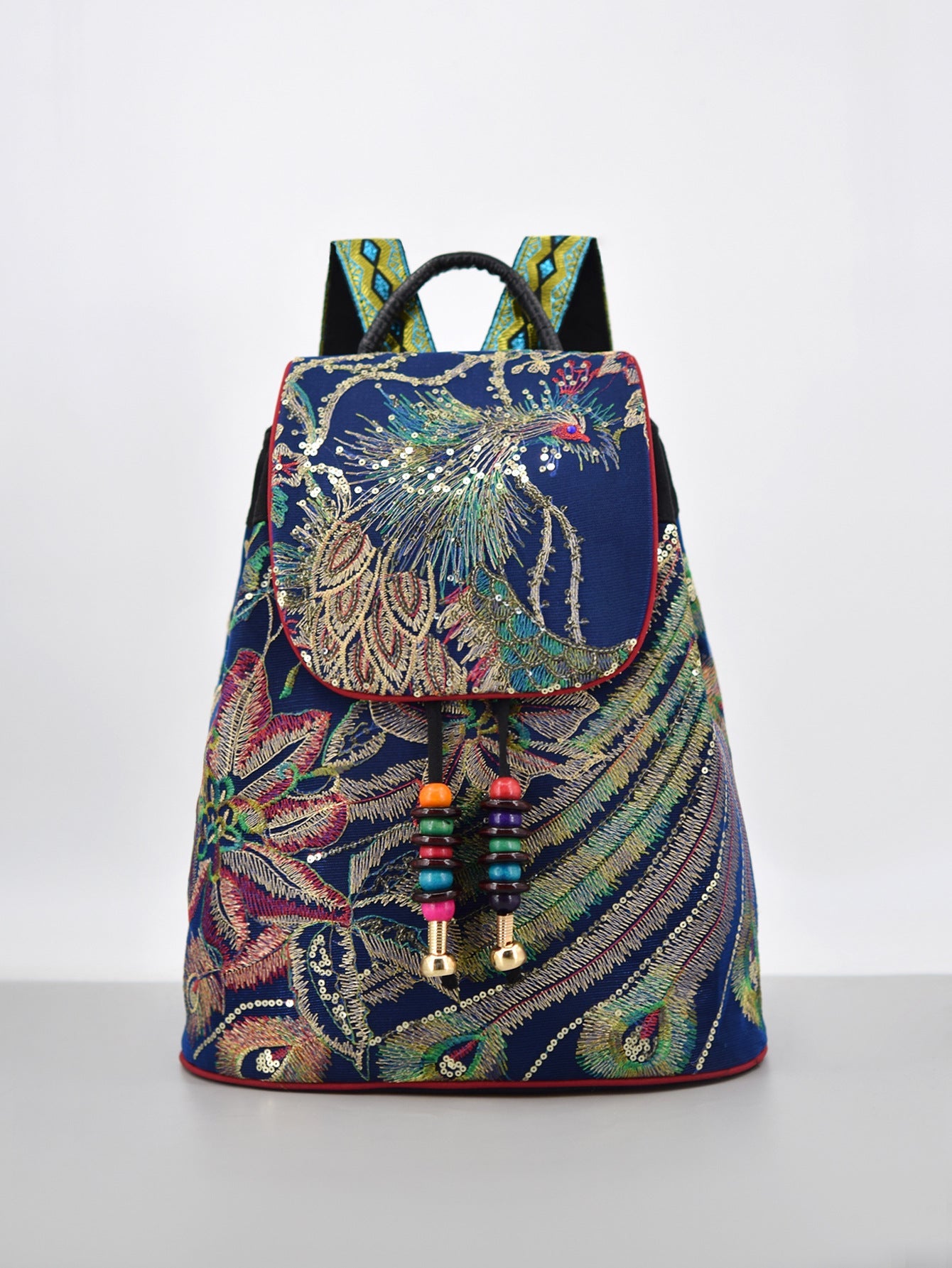 Ethnic Style Embroidered Backpack, Versatile Commuter Women's Canvas Travel Backpack, Elderly Student Bucket Backpack