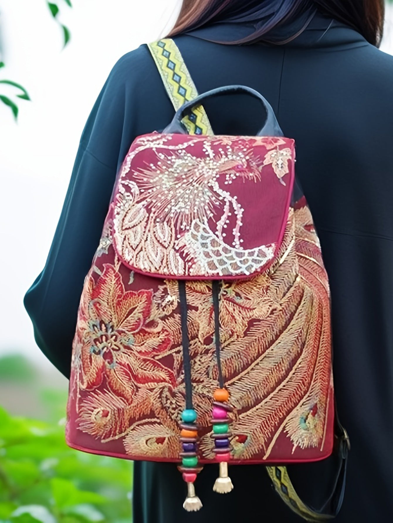 Ethnic Style Embroidered Backpack, Versatile Commuter Women's Canvas Travel Backpack, Elderly Student Bucket Backpack