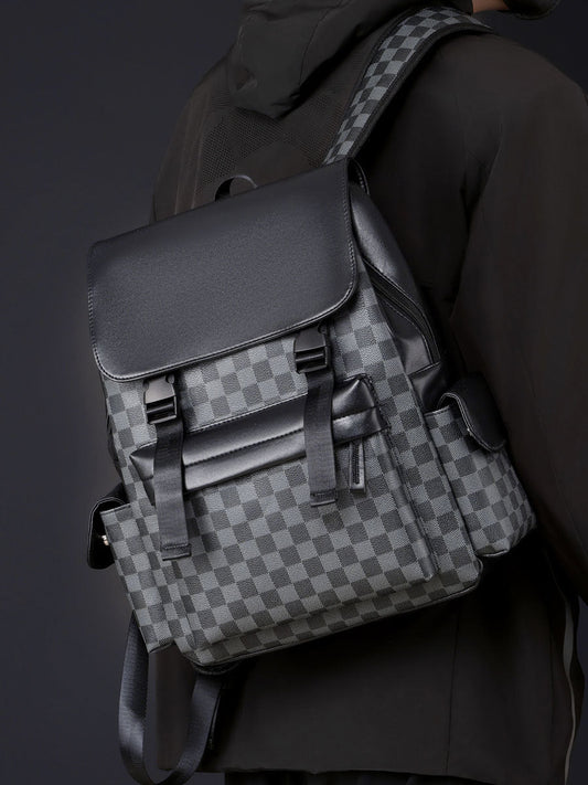 Retro Backpack Men's Checkerboard New Fashion Large Capacity Travel European and American Computer Backpack College Student Male Hanging Bag