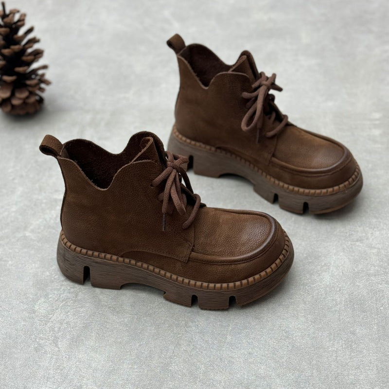 Platform Round Toe Lace-up Casual Cowhide Women's Boots