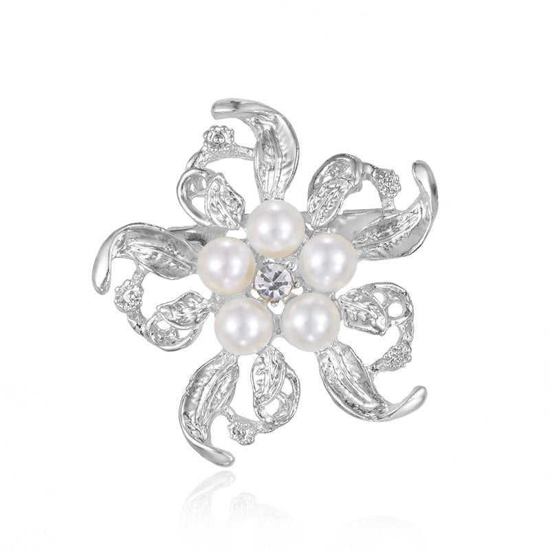 Minimalist Pearl Floral Brooch With Diamond Flower Accessory Pin