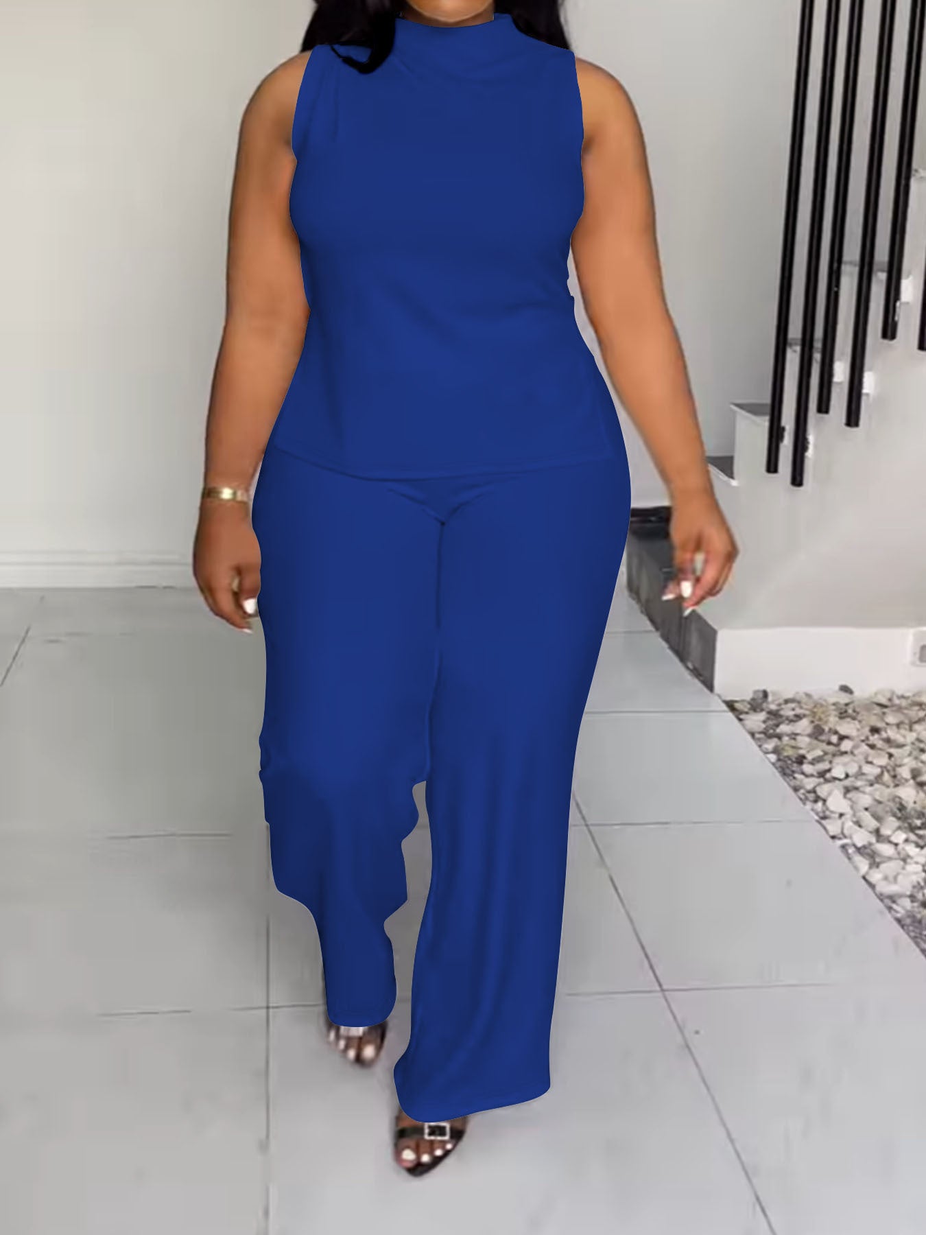 Solid Color Casual Sleeveless Trousers Suit