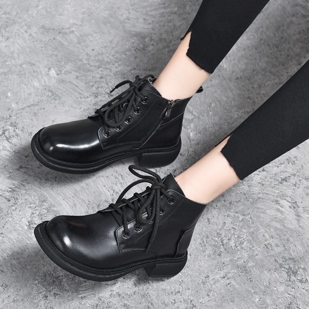 Real Soft Leather Platform Martin Boots Women's Autumn And Winter New Non-slip Western Style Slip-on Casual
