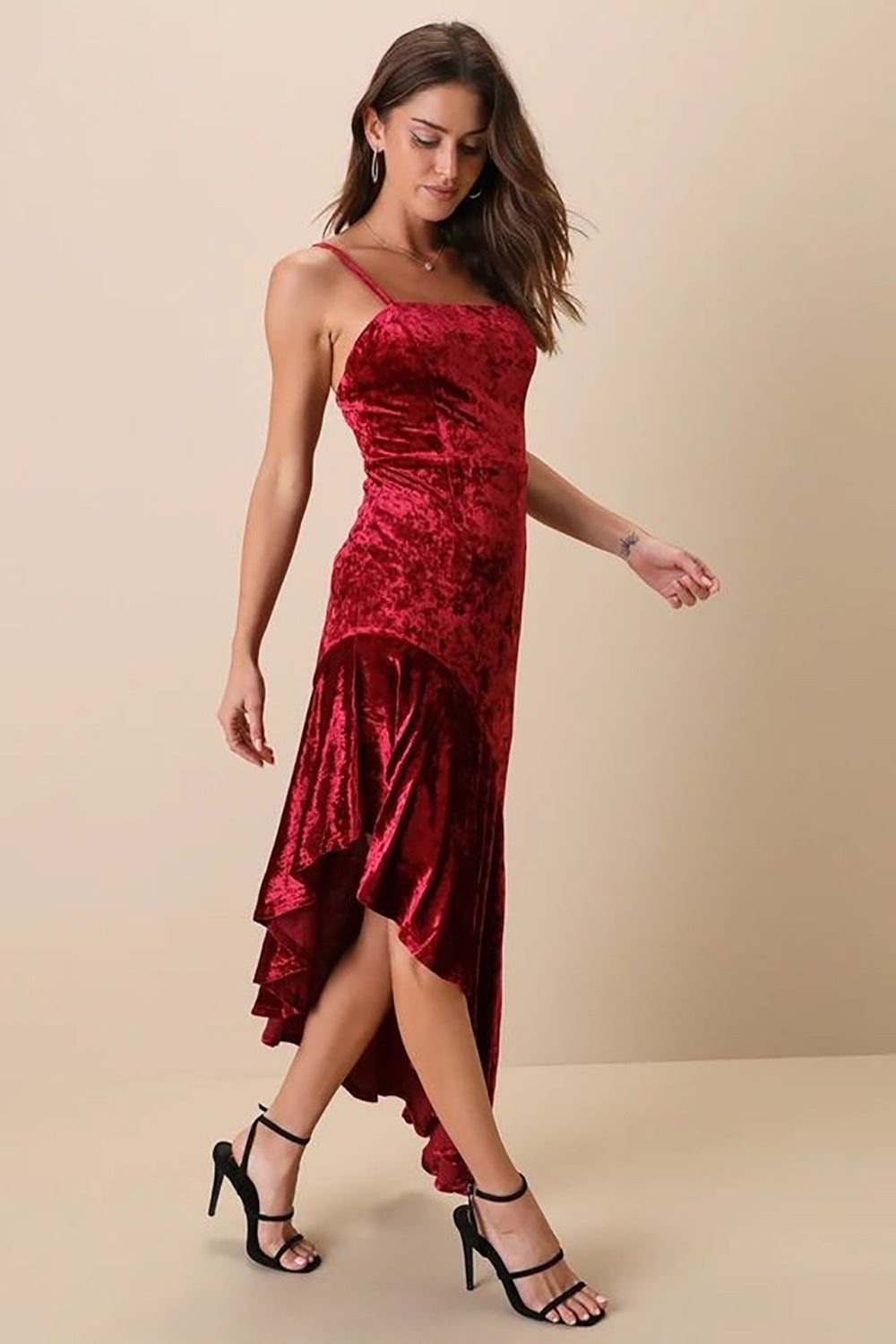 New Pleuche Spaghetti-strap Dress Sexy Patchwork Ruffles