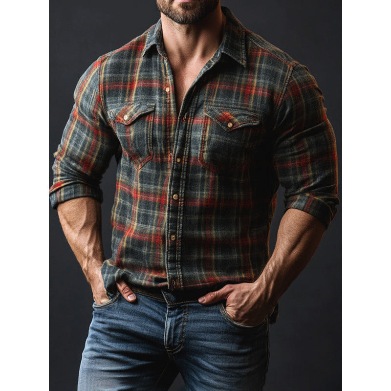 Plaid Printed Fleece-lined Men's Pocket Shirt