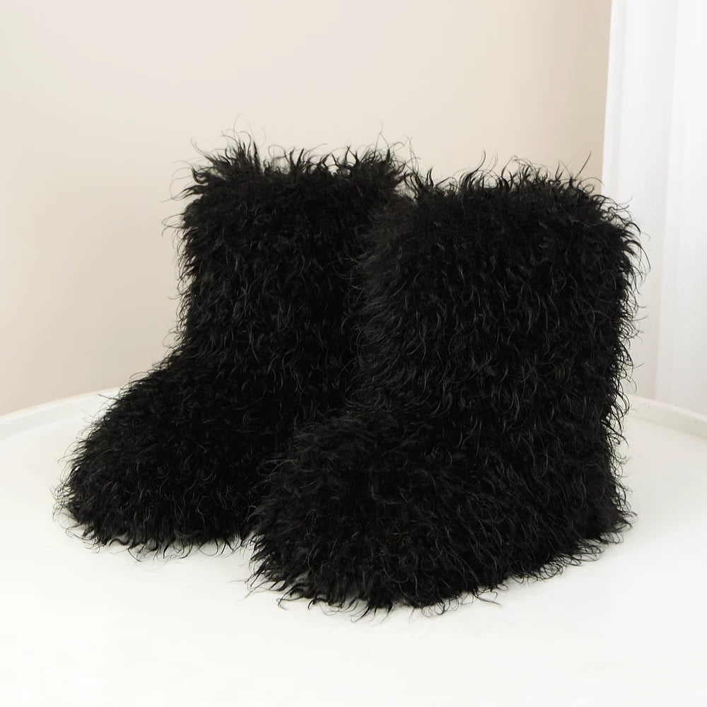 European And American Imitation Raccoon Fur Winter Warm Mid-calf Women's Shoes