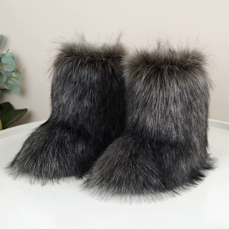 European And American Imitation Raccoon Fur Winter Warm Mid-calf Women's Shoes