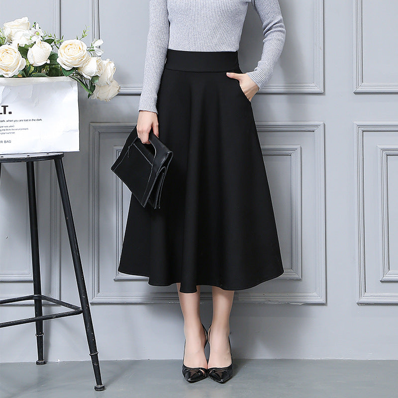 New autumn and winter Korean style pocket over-the-knee long skirt high waist slimming A- shaped skirt elegant pleated skirt all-match skirt fashion