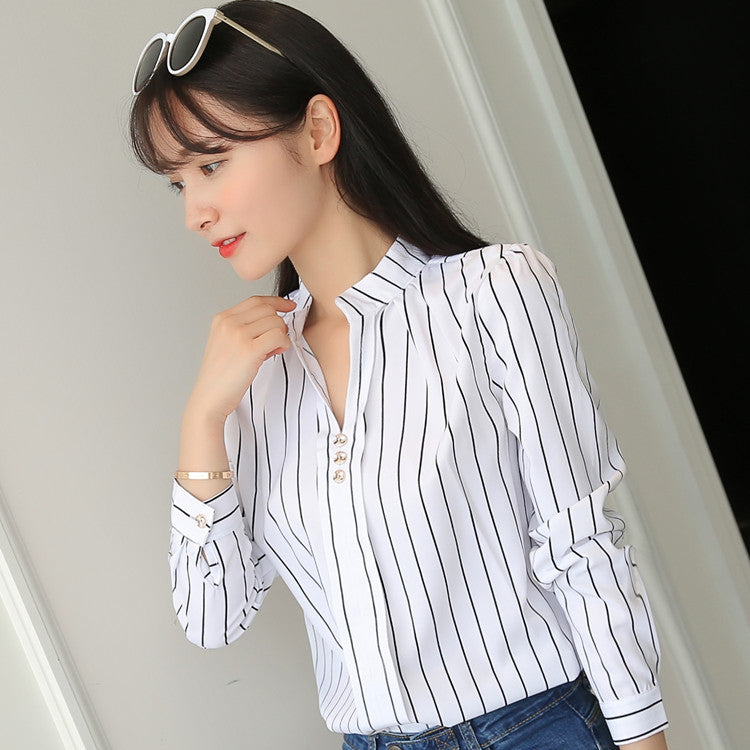 Wholesale Foreign Trade Spring and Autumn Clothing, Stylish Casual Striped Long-Sleeve Shirt, Loose White Stand-Up Collar Top, Women's Pullover