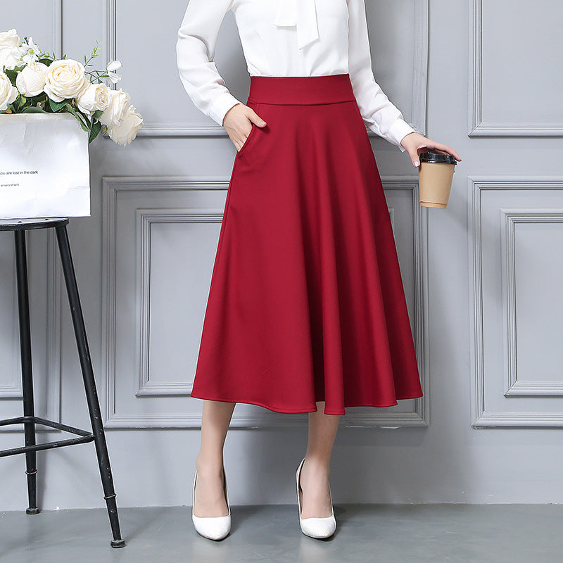 New autumn and winter Korean style pocket over-the-knee long skirt high waist slimming A- shaped skirt elegant pleated skirt all-match skirt fashion