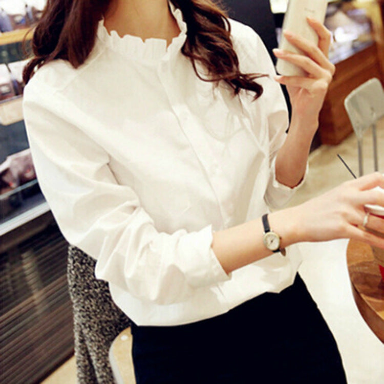 2026 New Korean Style Elegant Women's White Ruffled Stand-Collar Long-Sleeve Professional Shirt Loose Top