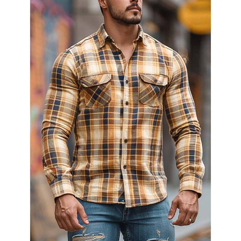 Plaid Printed Fleece-lined Men's Pocket Shirt