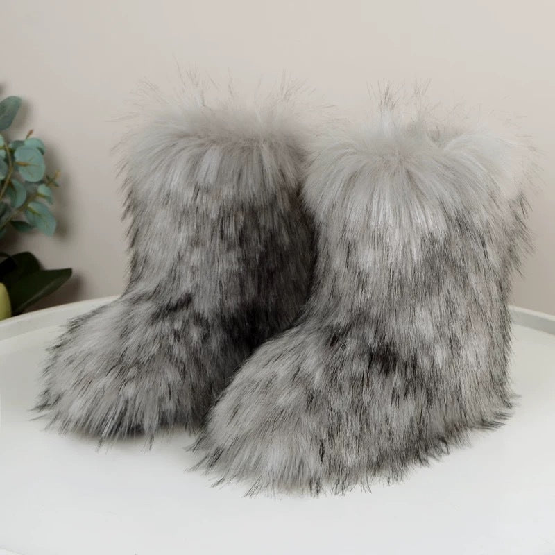 European And American Imitation Raccoon Fur Winter Warm Mid-calf Women's Shoes