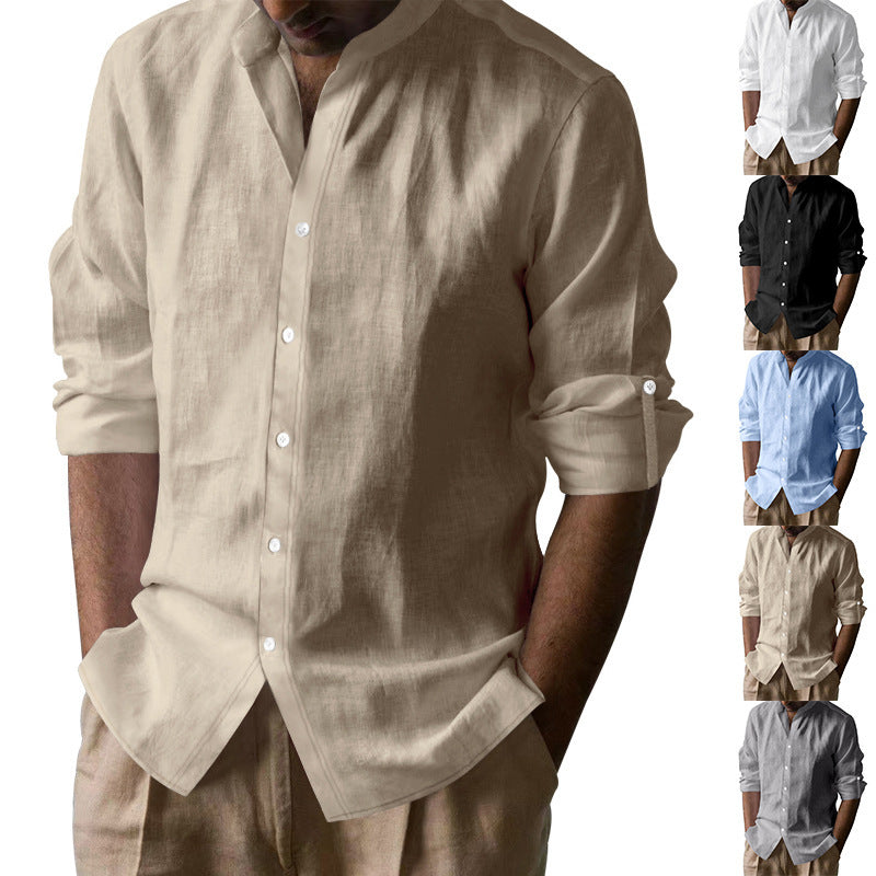 Men's Linen-cotton Long Sleeve Stand Collar Shirt