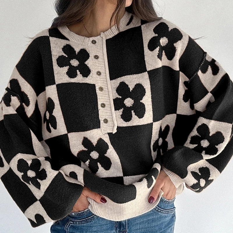 Black Henry Plaid Collar Loose Sweater