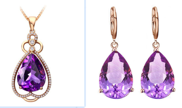 Quality Ear Hook Purple Gemstone Diamond Ring Rose Gold Collarbone Necklace Set