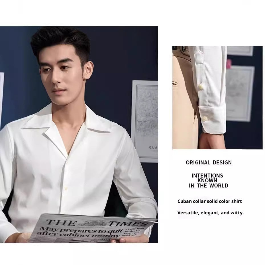 Cuban Collar Shirt Men's Business Casual Long Sleeve Shirt