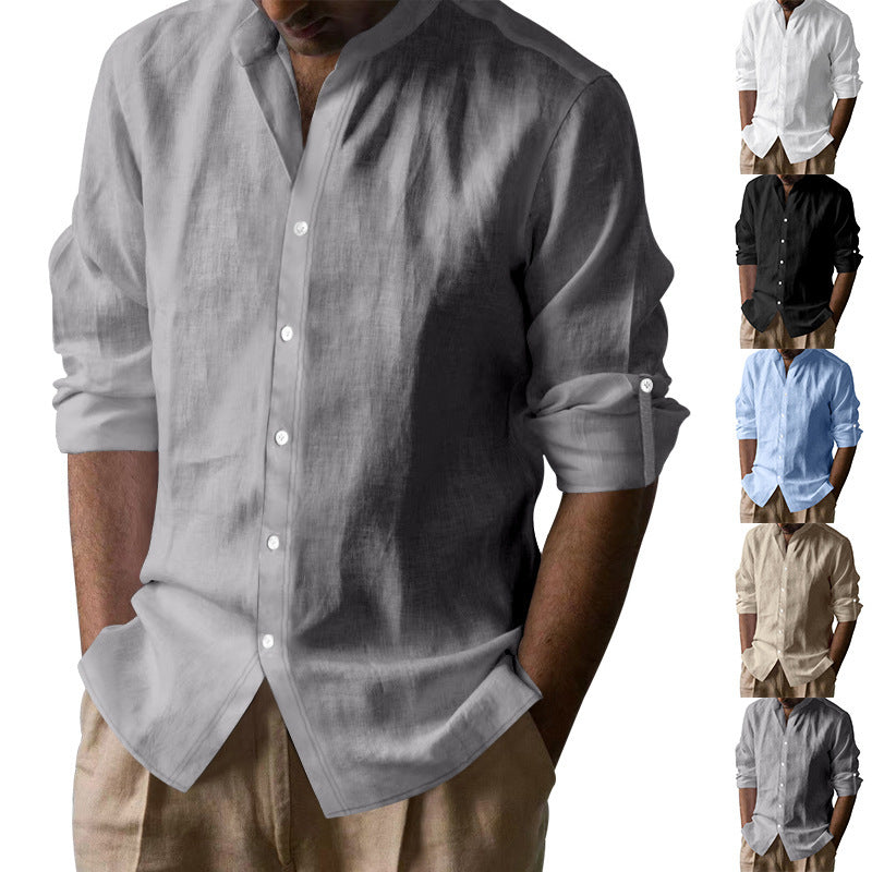 Men's Linen-cotton Long Sleeve Stand Collar Shirt