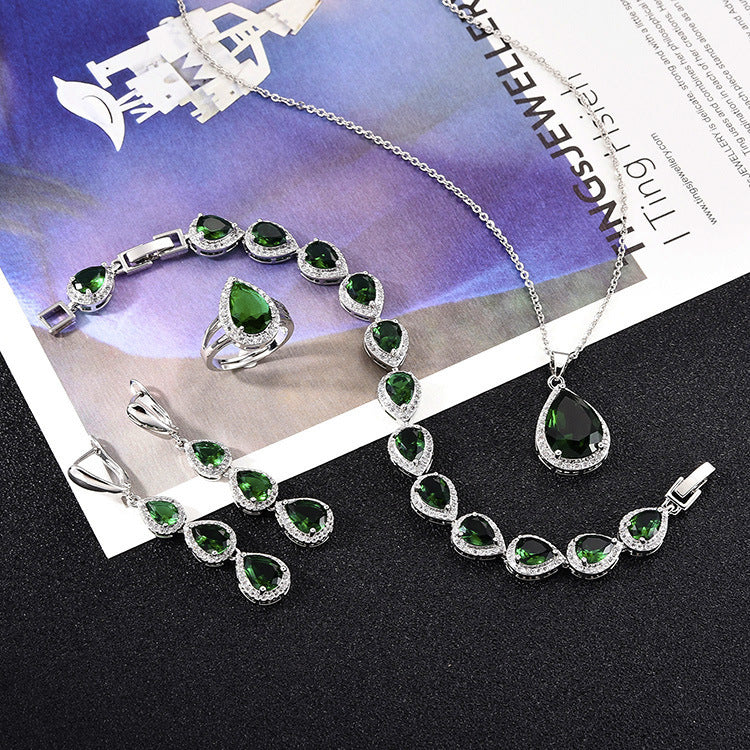 Water Drop Long Necklace Earring Ring Bracelet Ornament Suit