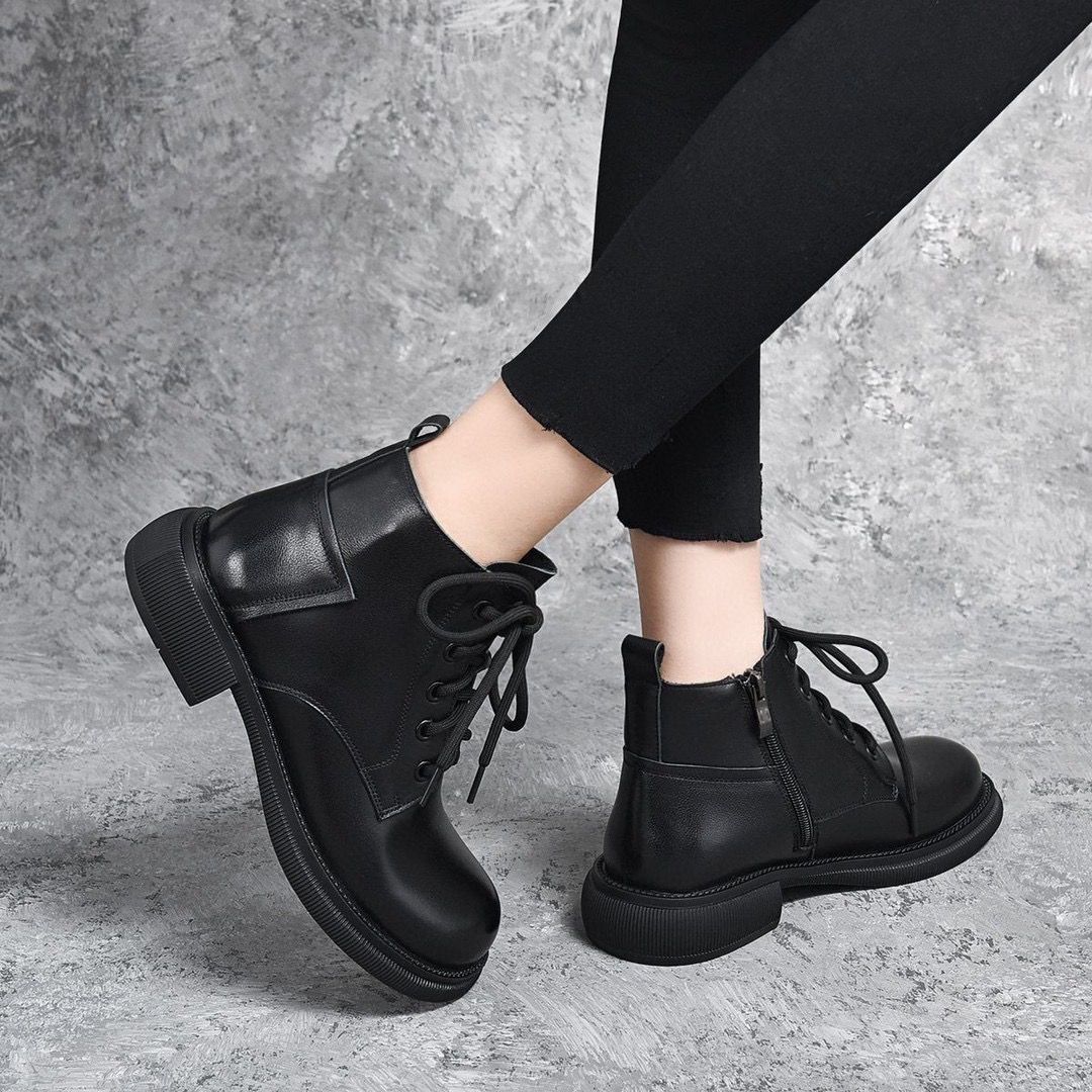 Real Soft Leather Platform Martin Boots Women's Autumn And Winter New Non-slip Western Style Slip-on Casual