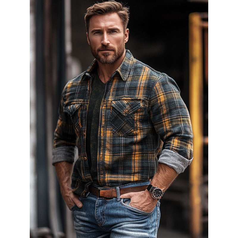 Plaid Printed Fleece-lined Men's Pocket Shirt