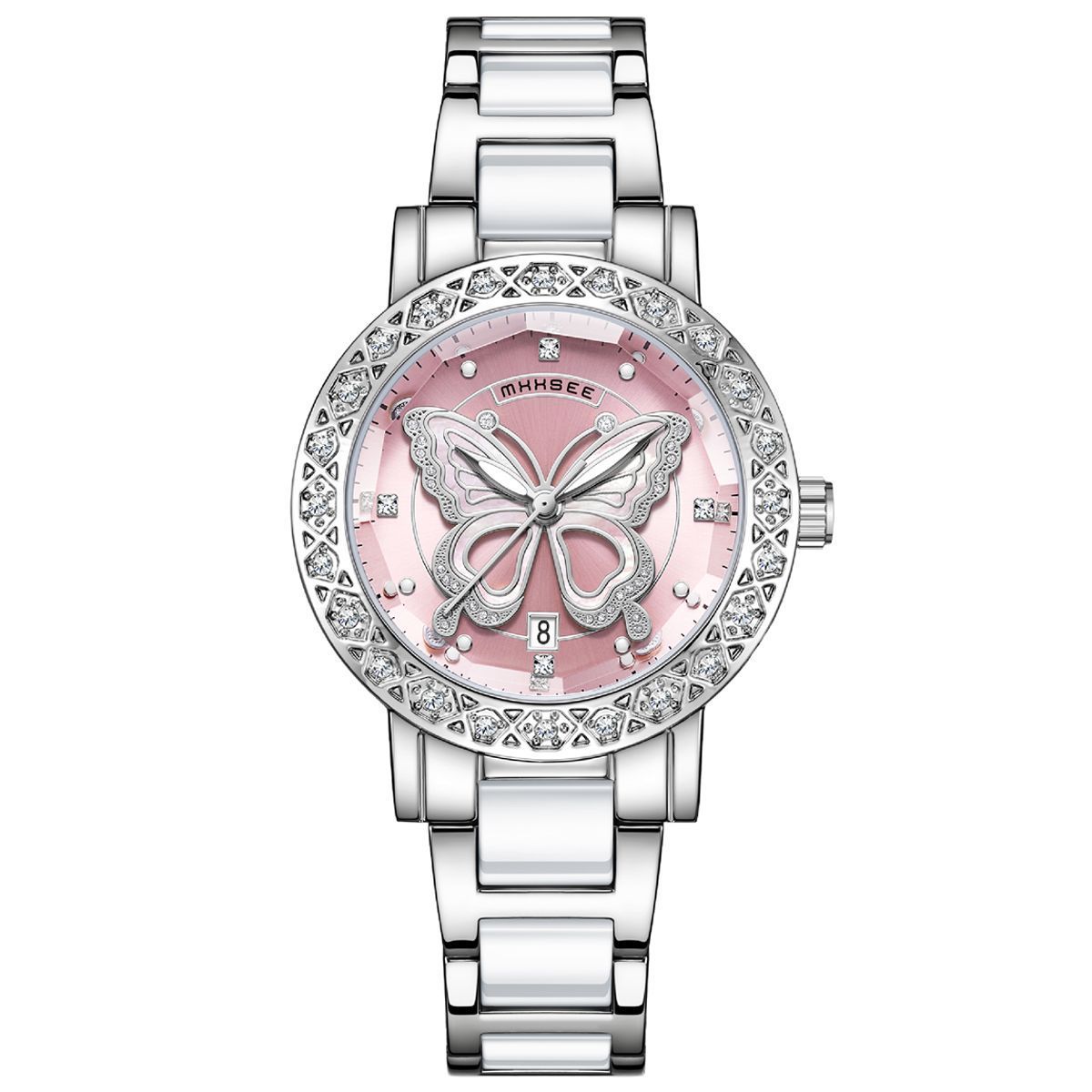 Butterfly Diamond-encrusted Luxury Women's Watch With Calendar And Steel Strap