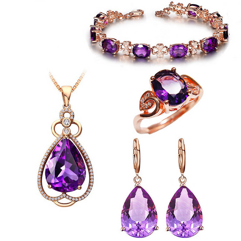 Quality Ear Hook Purple Gemstone Diamond Ring Rose Gold Collarbone Necklace Set