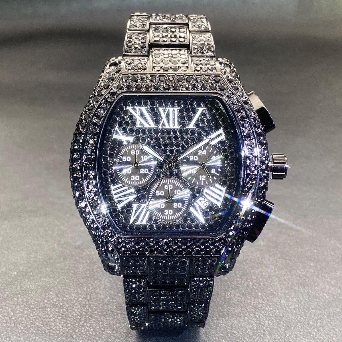 Hip Hop Men's Full Diamond Multi-function Chronograph Luminous Tonneau Quartz Watch
