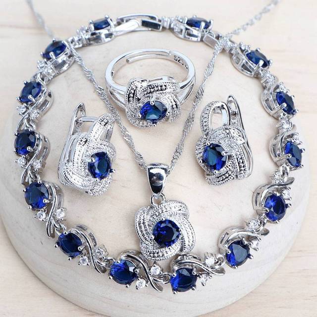 Blue Zirconia Women Jewelry Sets 925 Sterling Silver Wedding